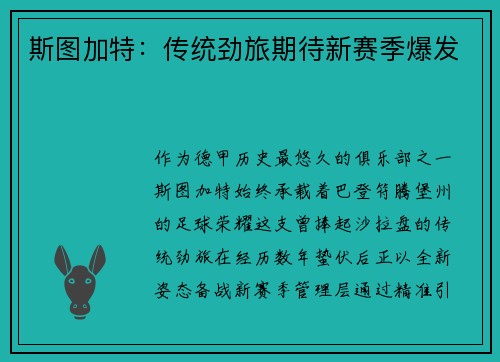 斯图加特：传统劲旅期待新赛季爆发