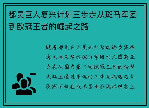 都灵巨人复兴计划三步走从斑马军团到欧冠王者的崛起之路