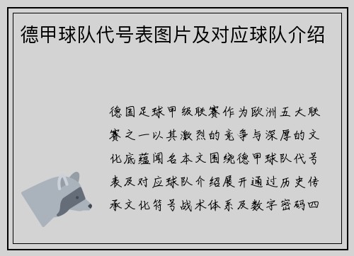 德甲球队代号表图片及对应球队介绍